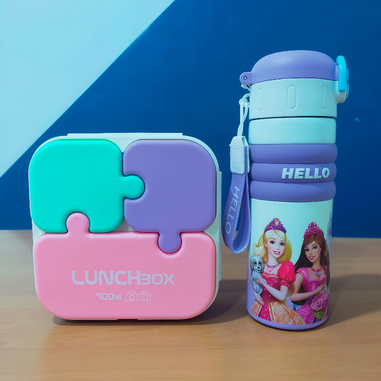 Kids Cartoon Lunch Box Set with Water Bottle – 900ml BPA Free Food Grade Plastic (Pink & Purple)