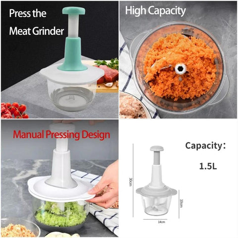 1.5L Hand Push Vegetable Chopper – 3 Stainless Steel Blades | Easy Kitchen Food Processor